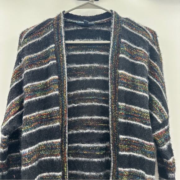 Modcloth Black Multicolor Metallic Chenille Fuzzy Long Sleeve Open Cardigan Sz M - Picture 4 of 11